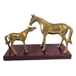Large Antique Brass Mare & Foal Statue on Wooden Base Equestrian Table Art